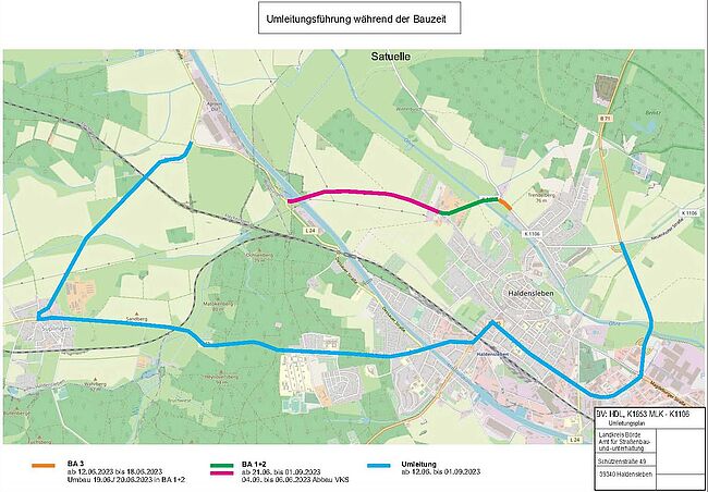 Grafik Landkreis Börde / Ab 12. Juni 2023 wird die Kreisstraße 1653 (Haldensleben/Bülstringen) zwischen Mittellandkanalbrücke und der Einmündung Satueller Straße, Haldensleben (in die K 11069, wegen Fahrbahnerneuerung für den Verkehr voll gesperrt