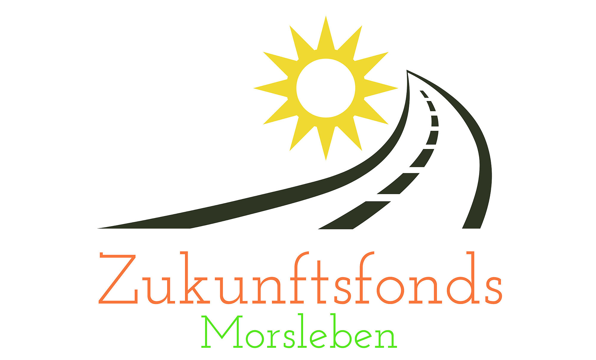 Logo der Stiftung Zukunftsfonds Morsleben - abstrakt dargestellte Zeichnung einer schwarzen Straße und einer gelben Sonne