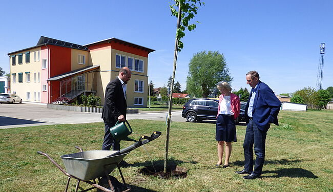 Abwasserzweckverband "Untere Ohre" Haldensleben / auf dem Verbandsgelände steht nun eine Rotbuche. Auf dem Foto sind neben Landrat Martin Stichnoth Haldenslebens amtierende Bürgermeisterin Sabine Wendler und Verbandsgeschäftsführer Achim Grossmann beim pflanzen des Baumes zu sehen. 